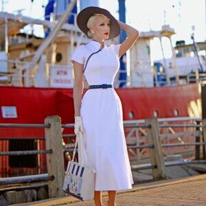 Cathy Vintage Inspired Dress - white/ navy - Size S